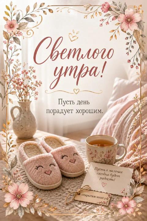 Розовые тапочки с мордочками, чашка чая с цветочным узором и ваза с цветами на вязаном покрывале, надпись «Светлого утра»