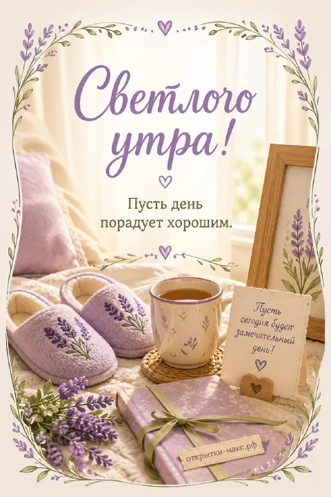 Лавандовые тапочки с вышивкой цветов, чашка чая и букет лаванды на постели, надпись «Светлого утра»