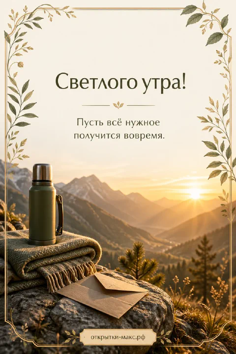 Зелёный термос на сложенном клетчатом пледе и крафтовый конверт на скале на фоне рассвета в горах в обрамлении тонкой растительной рамки