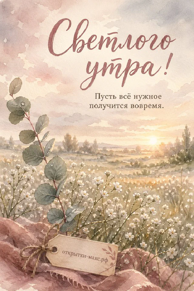 Зелёный термос на сложенном клетчатом пледе и крафтовый конверт на скале на фоне рассвета в горах в обрамлении тонкой растительной рамки — вариант 4