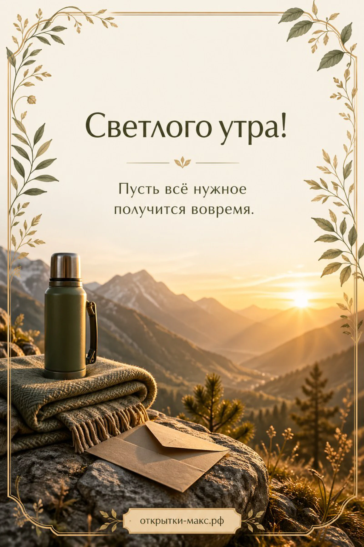 Зелёный термос на сложенном клетчатом пледе и крафтовый конверт на скале на фоне рассвета в горах в обрамлении тонкой растительной рамки