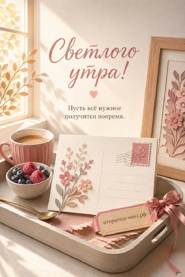 Зелёный термос на сложенном клетчатом пледе и крафтовый конверт на скале на фоне рассвета в горах в обрамлении тонкой растительной рамки — вариант 3