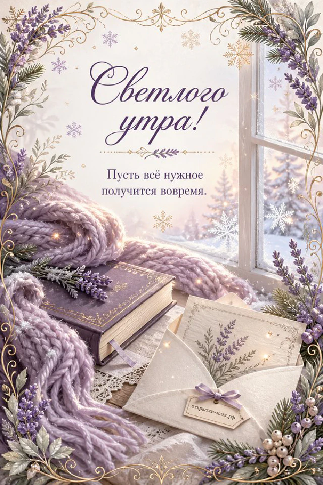 Зелёный термос на сложенном клетчатом пледе и крафтовый конверт на скале на фоне рассвета в горах в обрамлении тонкой растительной рамки — вариант 5