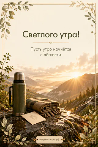 Металлический термос и клетчатый плед на каменном выступе с панорамой горной долины на рассвете