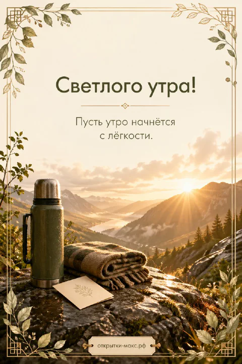 Металлический термос и клетчатый плед на каменном выступе с панорамой горной долины на рассвете