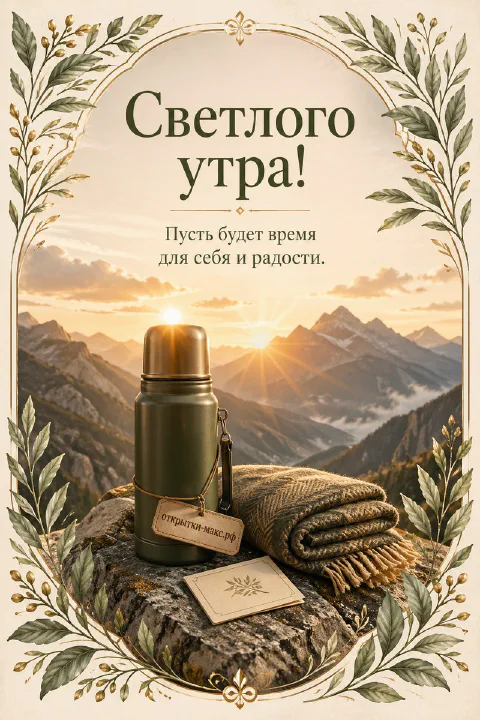 Зелёный термос и клетчатый плед на скале с видом на горные вершины в утреннем тумане