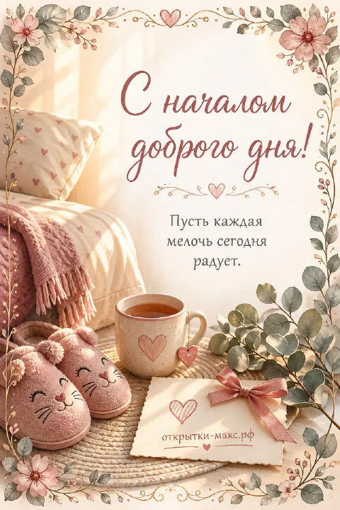 Розовые тапочки в форме котиков и чашка чая с сердечком на коврике рядом с открыткой с розовой лентой
