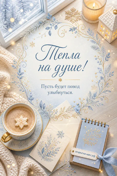 Чашка кофе с пряником-снежинкой, блокнот с золотыми узорами и конверт на белом фоне у зимнего окна, надпись «Тепла на душе»