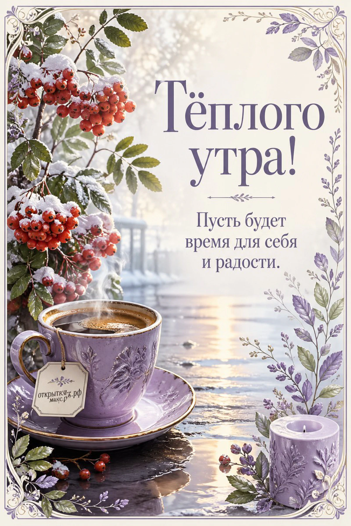 Лиловая чашка с чаем, горящая свеча и заснеженные ветки рябины на фоне зимнего пейзажа