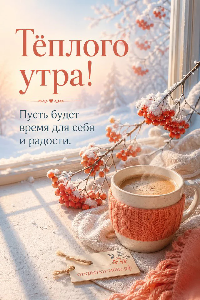 Лиловая чашка с чаем, горящая свеча и заснеженные ветки рябины на фоне зимнего пейзажа — вариант 2