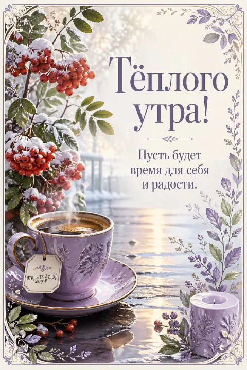 Лиловая чашка с чаем, горящая свеча и заснеженные ветки рябины на фоне зимнего пейзажа