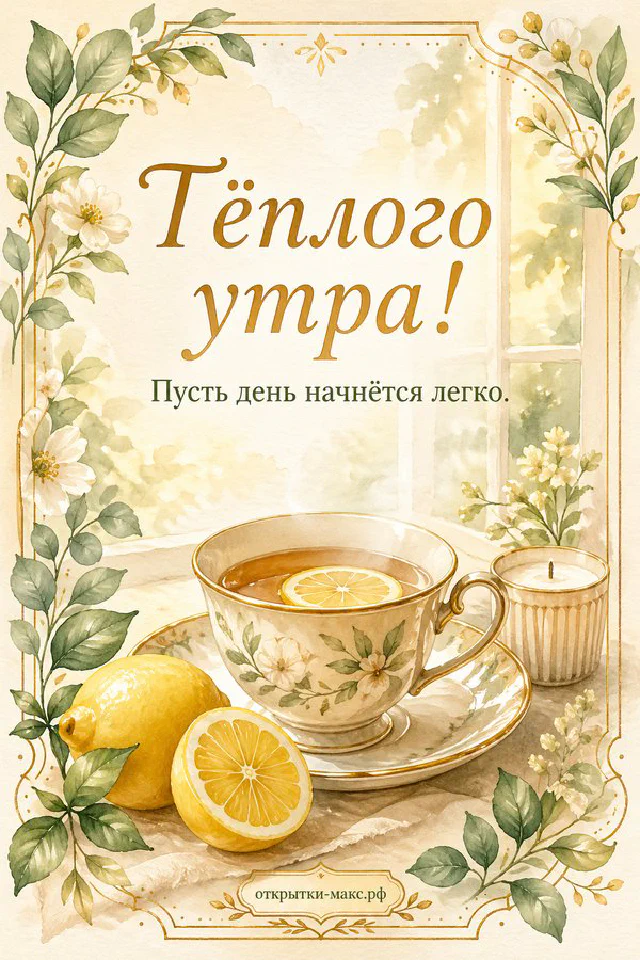 Бело-синяя чашка чая с лимоном на блюдце, белые цветы и арка с видом на море — открытка Тёплого утра — вариант 2