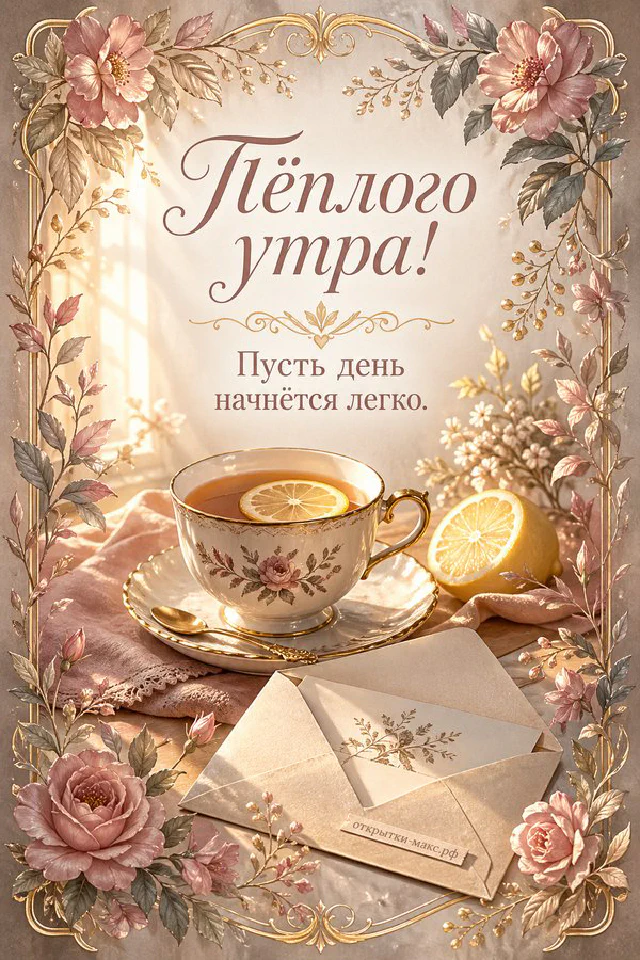 Бело-синяя чашка чая с лимоном на блюдце, белые цветы и арка с видом на море — открытка Тёплого утра — вариант 4