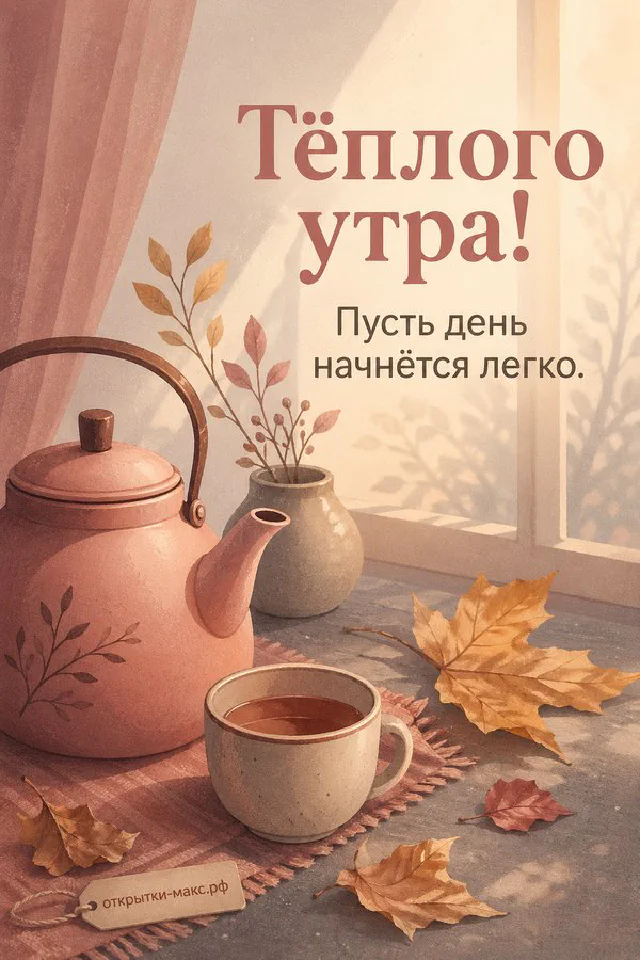 Бело-синяя чашка чая с лимоном на блюдце, белые цветы и арка с видом на море — открытка Тёплого утра — вариант 7