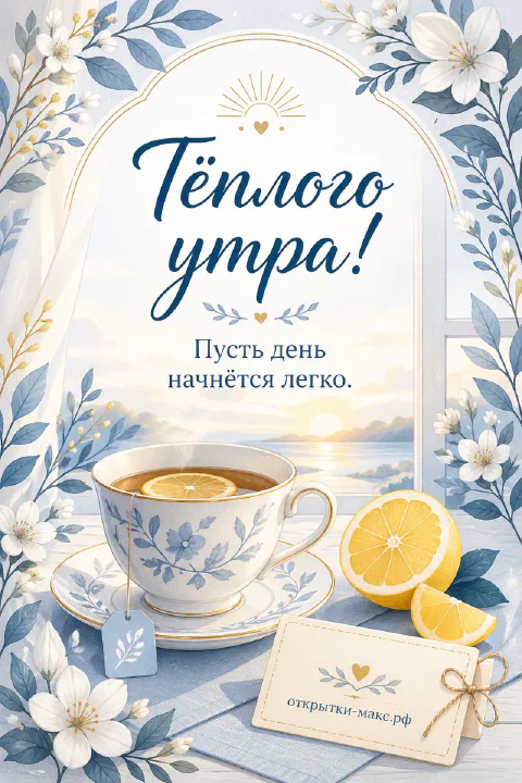 Бело-синяя чашка чая с лимоном на блюдце, белые цветы и арка с видом на море — открытка Тёплого утра