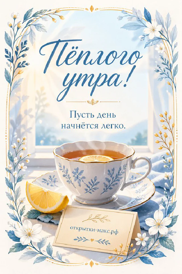 Бело-синяя чашка чая с лимоном на блюдце, белые цветы и арка с видом на море — открытка Тёплого утра — вариант 5