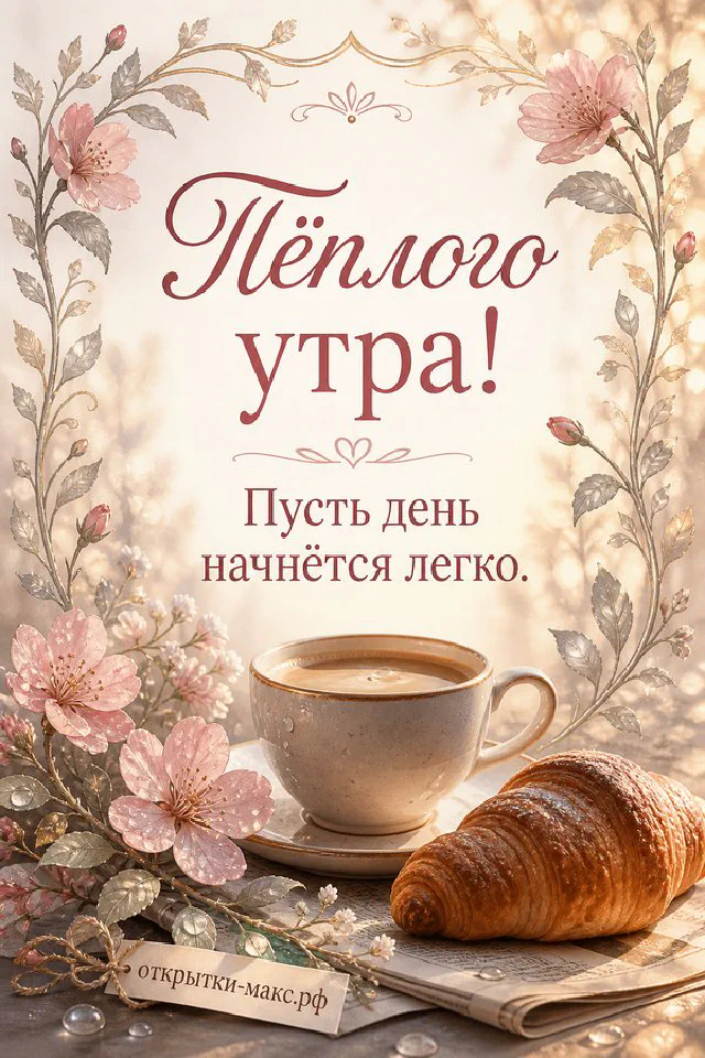 Бело-синяя чашка чая с лимоном на блюдце, белые цветы и арка с видом на море — открытка Тёплого утра — вариант 8