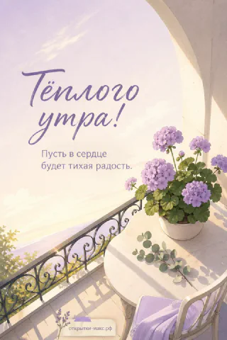 Ваза с гортензией на балконе утром, надпись «Тёплого утра», акварель