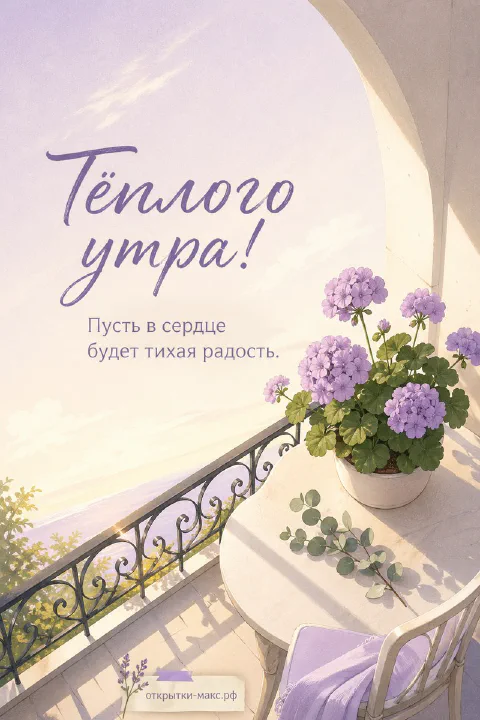 Ваза с гортензией на балконе утром, надпись «Тёплого утра», акварель