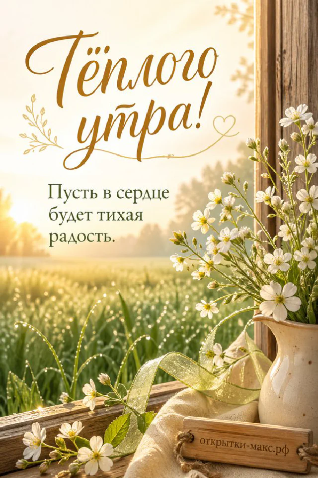 Ваза с гортензией на балконе утром, надпись «Тёплого утра», акварель — вариант 2