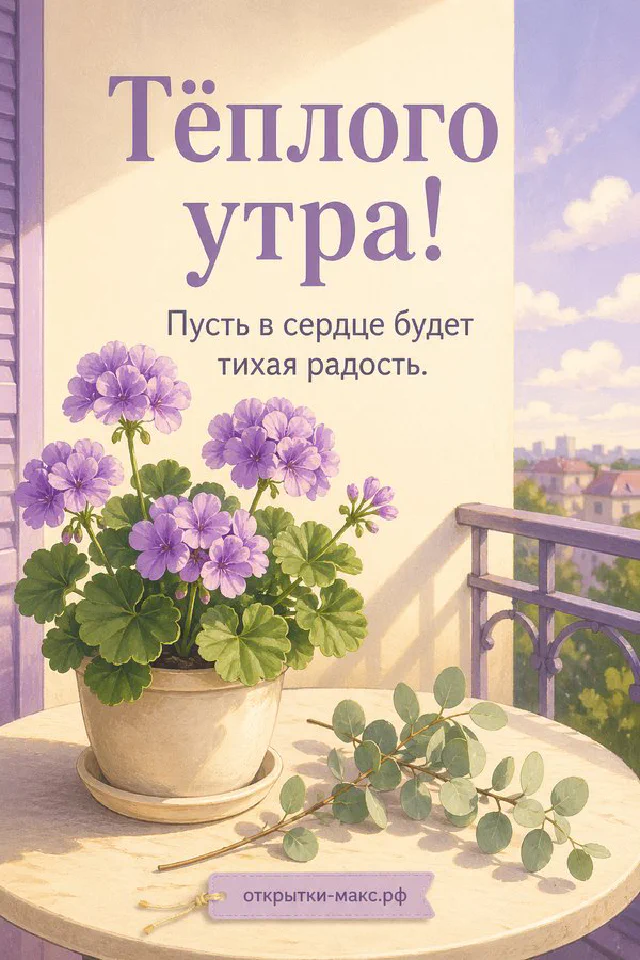 Ваза с гортензией на балконе утром, надпись «Тёплого утра», акварель — вариант 6