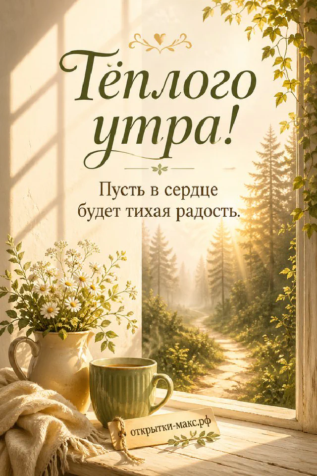 Ваза с гортензией на балконе утром, надпись «Тёплого утра», акварель — вариант 3