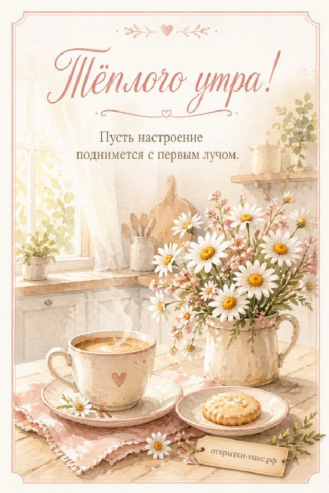 Чашка кофе среди полевых цветов, надпись «Тёплого утра», акварель — вариант 3