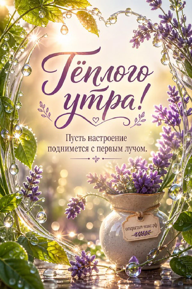 Чашка кофе среди полевых цветов, надпись «Тёплого утра», акварель — вариант 4