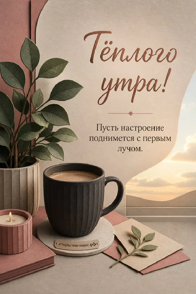 Чашка кофе среди полевых цветов, надпись «Тёплого утра», акварель — вариант 6