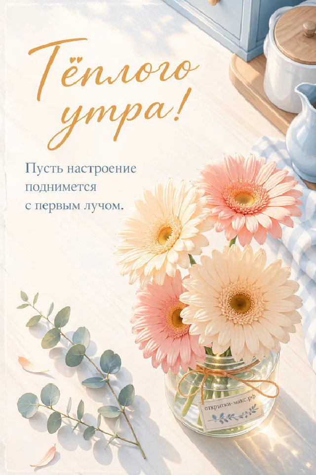 Чашка кофе среди полевых цветов, надпись «Тёплого утра», акварель — вариант 2