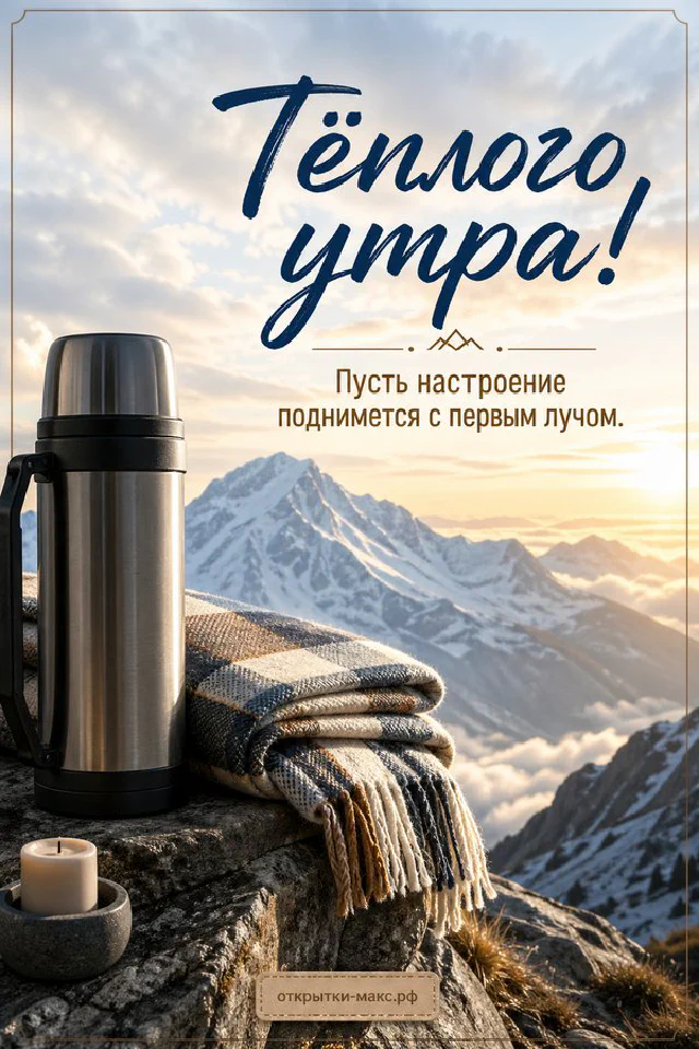 Чашка кофе среди полевых цветов, надпись «Тёплого утра», акварель — вариант 5