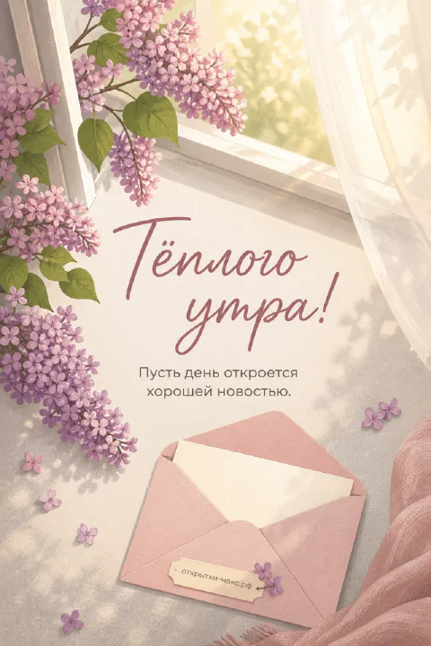 Ветка сирени у окна и пудрово-розовый конверт с надписью «Тёплого утра» на пастельном фоне