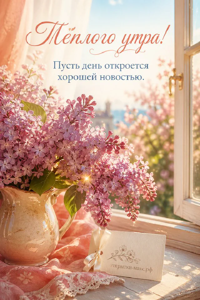 Ветка сирени у окна и пудрово-розовый конверт с надписью «Тёплого утра» на пастельном фоне — вариант 2