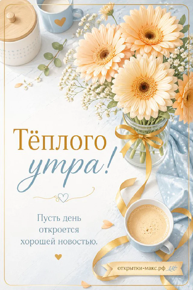 Ветка сирени у окна и пудрово-розовый конверт с надписью «Тёплого утра» на пастельном фоне — вариант 3