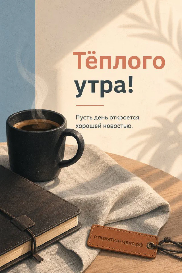 Ветка сирени у окна и пудрово-розовый конверт с надписью «Тёплого утра» на пастельном фоне — вариант 4