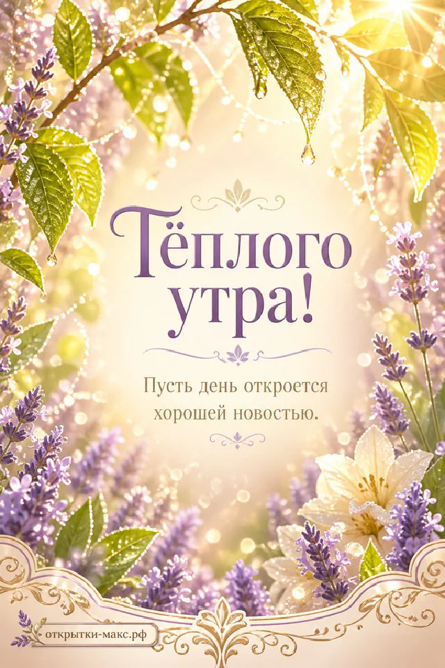 Ветка сирени у окна и пудрово-розовый конверт с надписью «Тёплого утра» на пастельном фоне — вариант 5