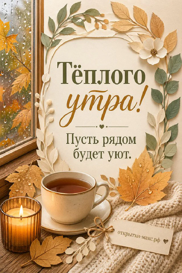 Белый крольчонок рядом с чашкой ромашкового чая и букетом ромашек у окна, надпись «Тёплого утра!» — вариант 2