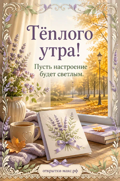 Кружка какао с сердечком, ваза с лавандой и книга с акварельным букетом у окна, за которым виден жёлтый осенний парк