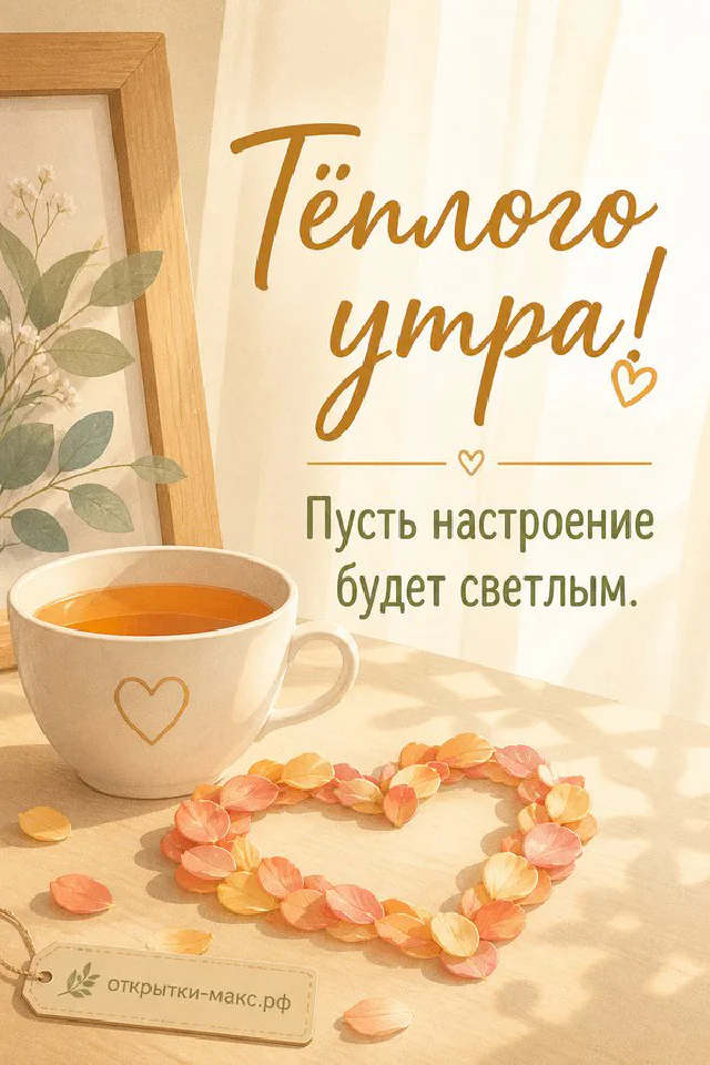 Кружка какао с сердечком, ваза с лавандой и книга с акварельным букетом у окна, за которым виден жёлтый осенний парк — вариант 3