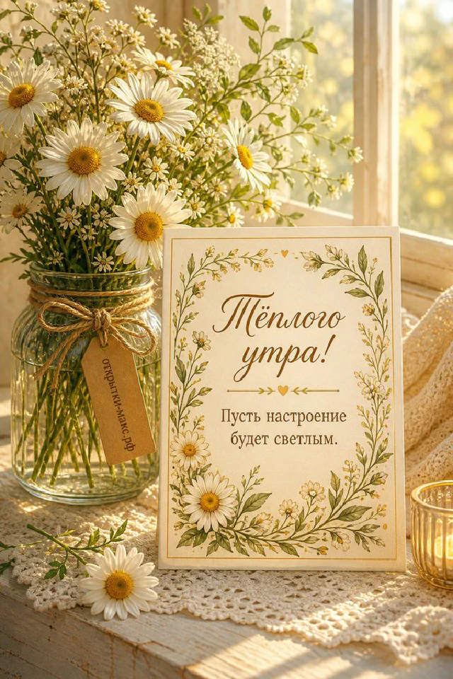 Кружка какао с сердечком, ваза с лавандой и книга с акварельным букетом у окна, за которым виден жёлтый осенний парк — вариант 4