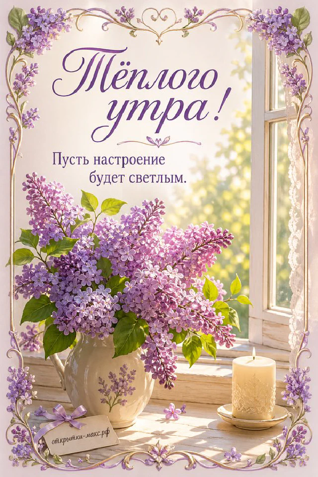 Кружка какао с сердечком, ваза с лавандой и книга с акварельным букетом у окна, за которым виден жёлтый осенний парк — вариант 5