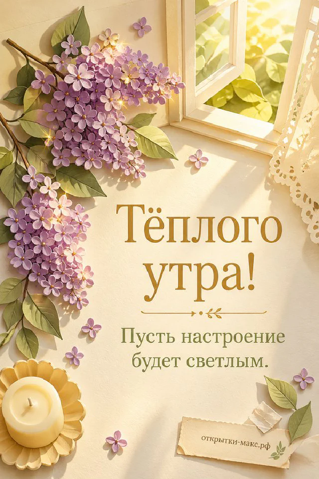 Кружка какао с сердечком, ваза с лавандой и книга с акварельным букетом у окна, за которым виден жёлтый осенний парк — вариант 2