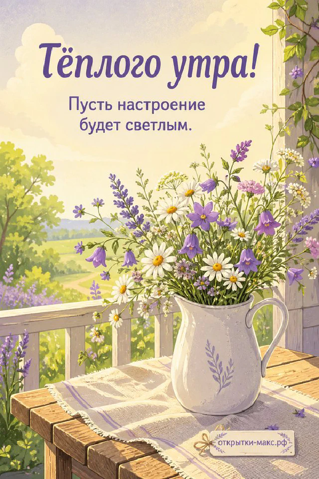 Кружка какао с сердечком, ваза с лавандой и книга с акварельным букетом у окна, за которым виден жёлтый осенний парк — вариант 6