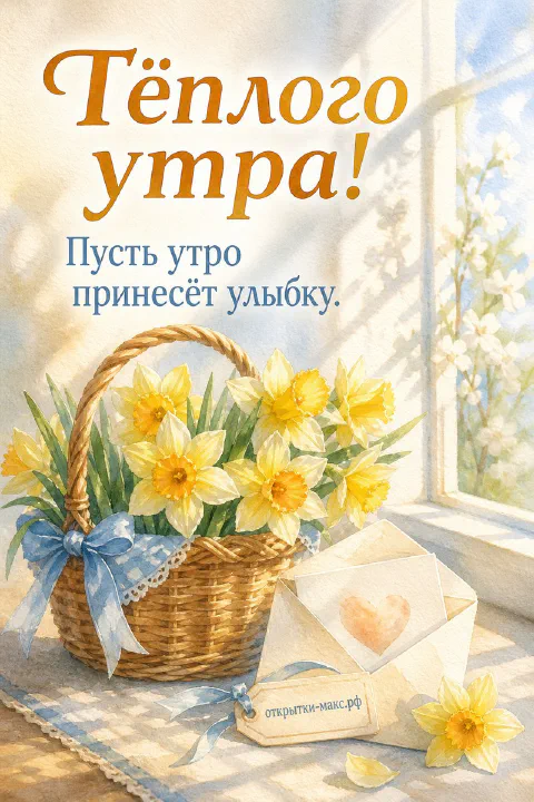 Плетёная корзина с букетом жёлтых нарциссов и голубой лентой у окна, рядом конверт с акварельным сердцем