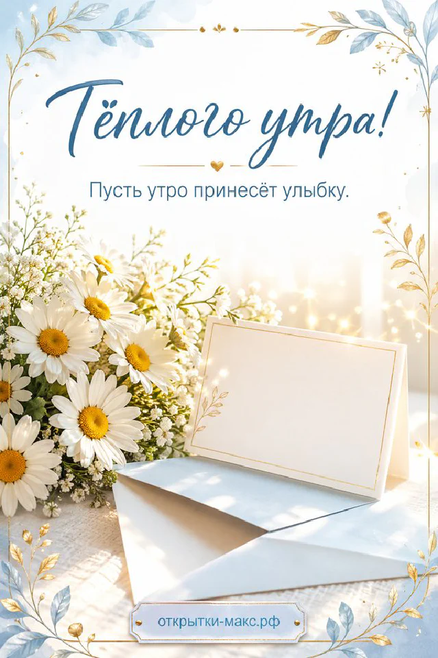 Плетёная корзина с букетом жёлтых нарциссов и голубой лентой у окна, рядом конверт с акварельным сердцем — вариант 6
