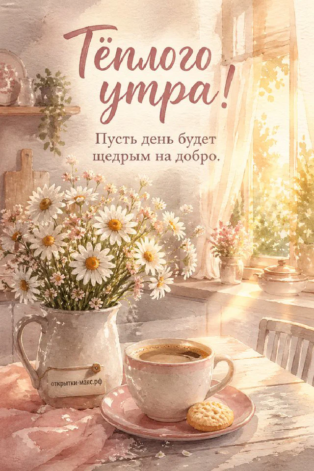 Песочное печенье с сердечком на тарелке у окна, обрамлённое веточками и надписью «Тёплого утра» — вариант 2