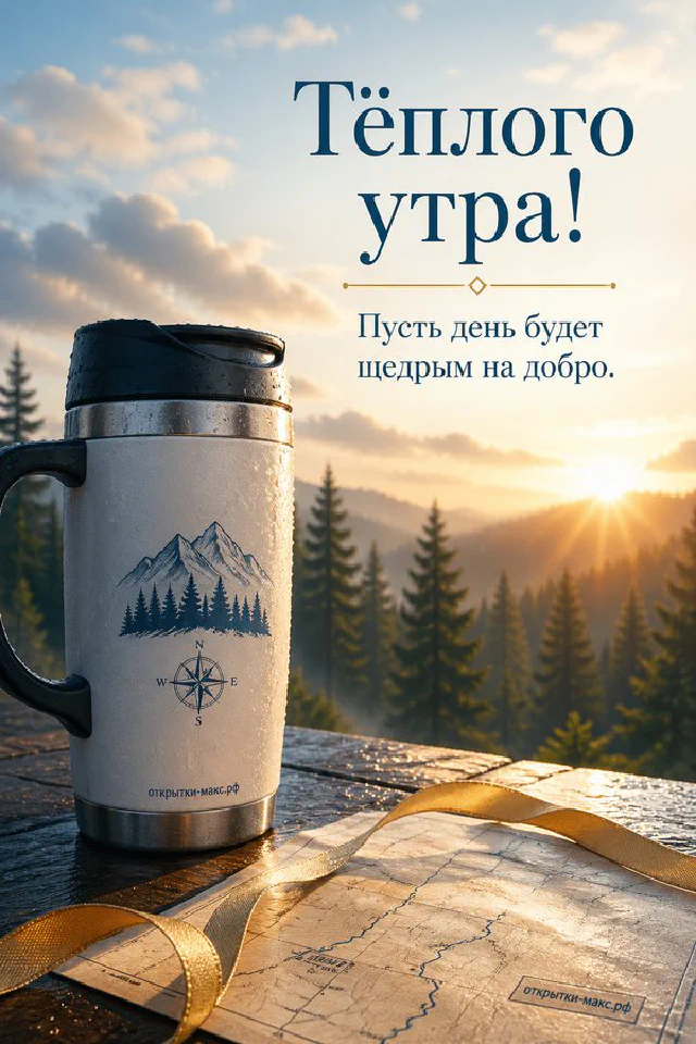 Песочное печенье с сердечком на тарелке у окна, обрамлённое веточками и надписью «Тёплого утра» — вариант 3