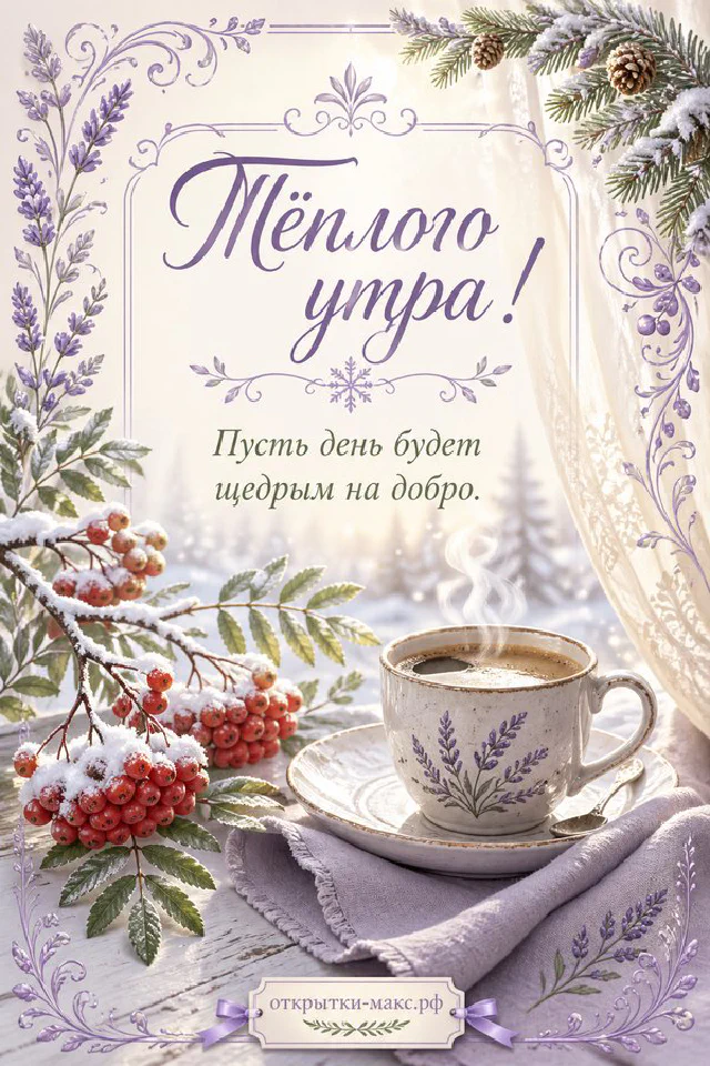 Песочное печенье с сердечком на тарелке у окна, обрамлённое веточками и надписью «Тёплого утра» — вариант 4