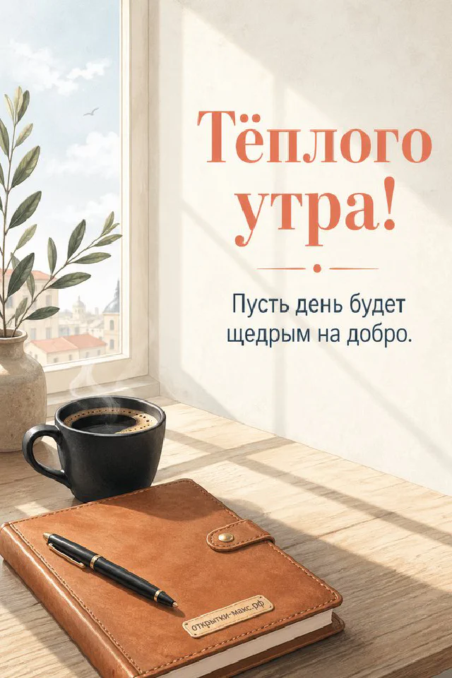 Песочное печенье с сердечком на тарелке у окна, обрамлённое веточками и надписью «Тёплого утра» — вариант 5