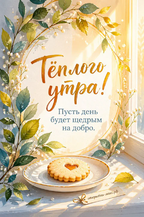 Песочное печенье с сердечком на тарелке у окна, обрамлённое веточками и надписью «Тёплого утра»